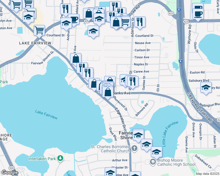 map of restaurants, bars, coffee shops, grocery stores, and more near 4425 Fairview Avenue in Orlando