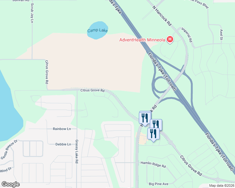 map of restaurants, bars, coffee shops, grocery stores, and more near 1200 Turkey Farm Road in Minneola