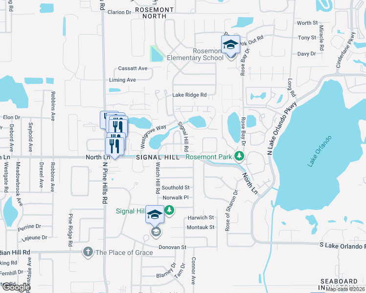 map of restaurants, bars, coffee shops, grocery stores, and more near 4721 Watch Hill Court in Orlando
