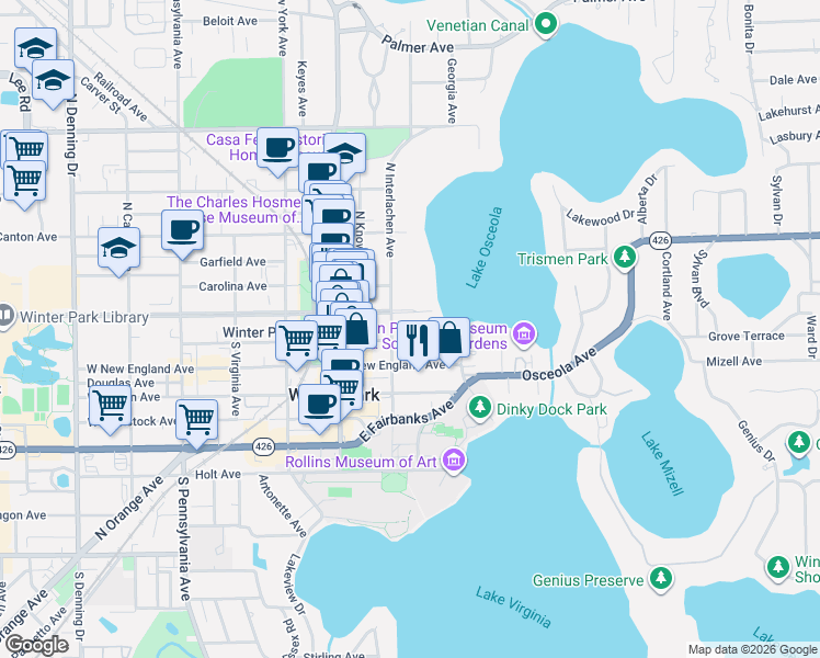 map of restaurants, bars, coffee shops, grocery stores, and more near 100 South Interlachen Avenue in Winter Park