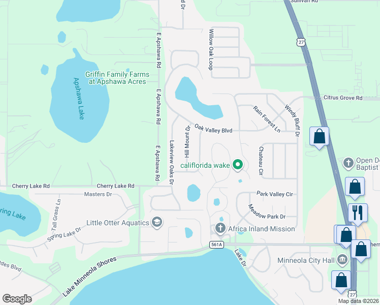 map of restaurants, bars, coffee shops, grocery stores, and more near 1112 Hill Mount Drive in Minneola