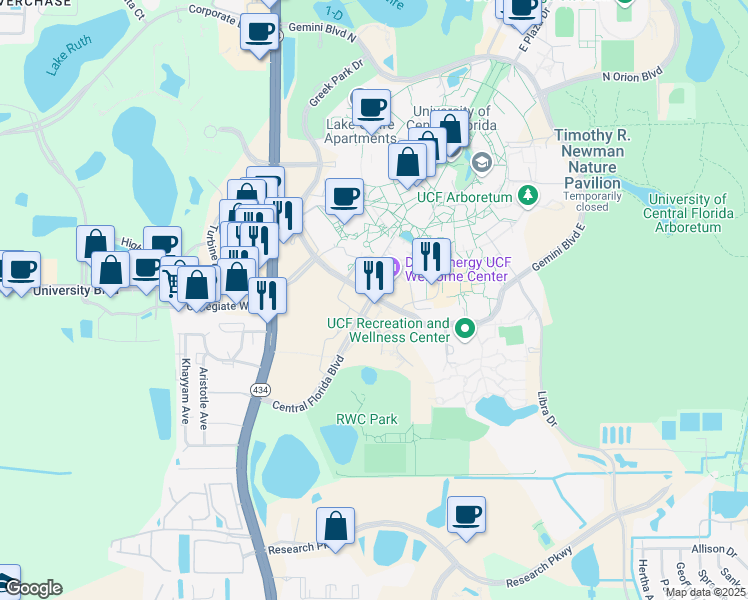 map of restaurants, bars, coffee shops, grocery stores, and more near 163 Central Florida Boulevard in Orlando