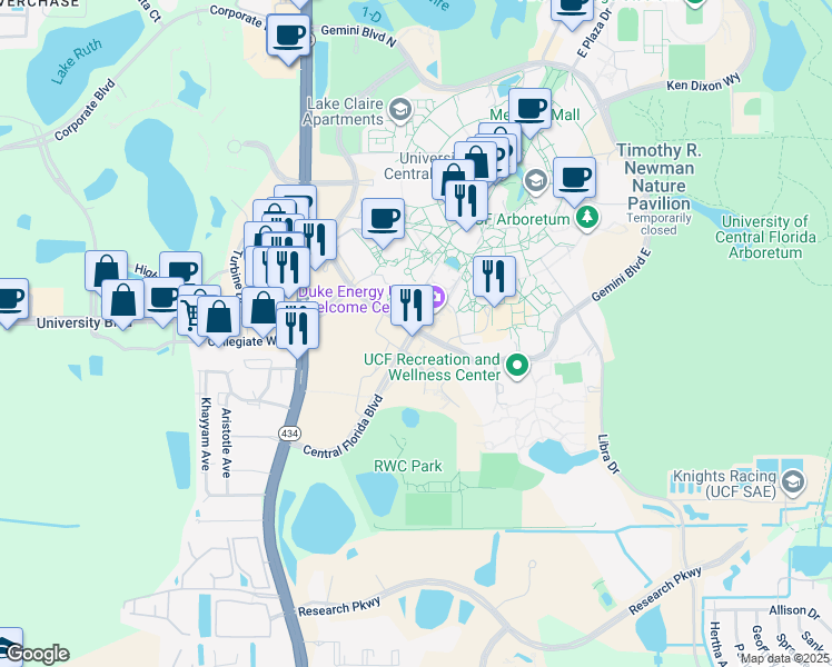 map of restaurants, bars, coffee shops, grocery stores, and more near 163 Central Florida Boulevard in Orlando