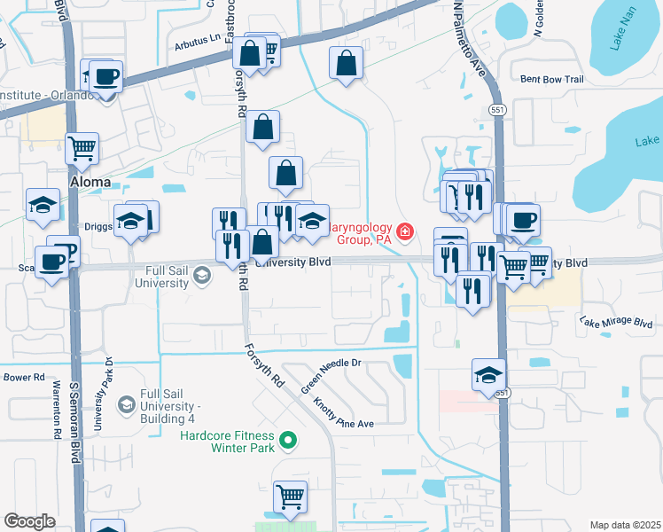 map of restaurants, bars, coffee shops, grocery stores, and more near 6558 Summerwalk Square in Winter Park