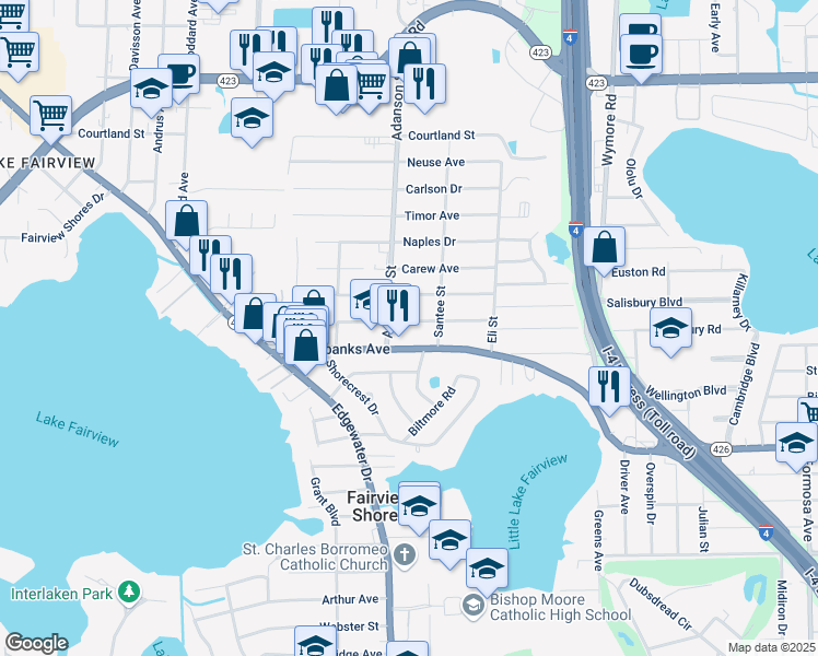 map of restaurants, bars, coffee shops, grocery stores, and more near 834 Alton Avenue in Orlando