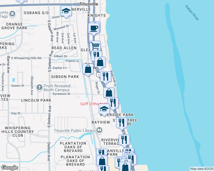 map of restaurants, bars, coffee shops, grocery stores, and more near 1510 Riverside Drive in Titusville