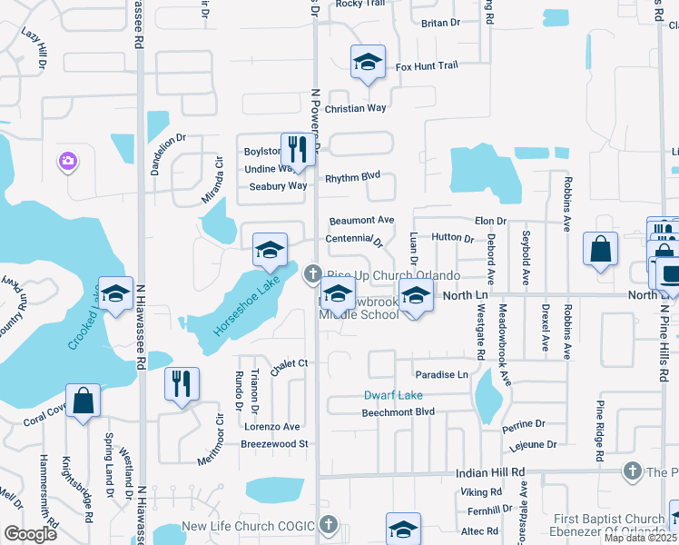 map of restaurants, bars, coffee shops, grocery stores, and more near 4425 North Powers Drive in Orlando