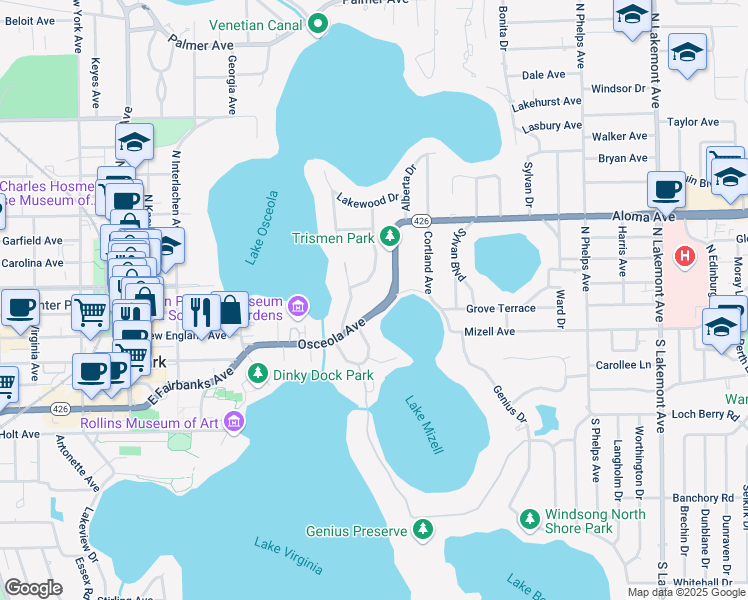 map of restaurants, bars, coffee shops, grocery stores, and more near 160 Trismen Terrace in Winter Park