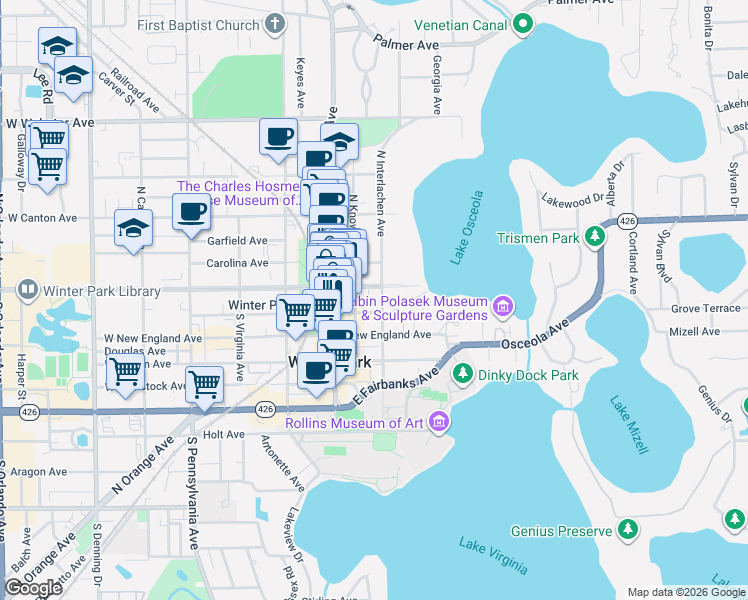 map of restaurants, bars, coffee shops, grocery stores, and more near 210 East Morse Boulevard in Winter Park