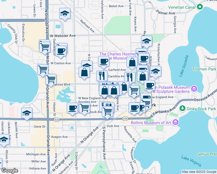 map of restaurants, bars, coffee shops, grocery stores, and more near 440 West Morse Boulevard in Winter Park