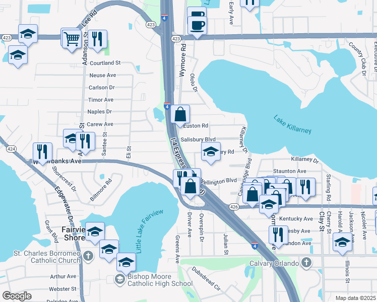 map of restaurants, bars, coffee shops, grocery stores, and more near 2551 Roxbury Road in Winter Park