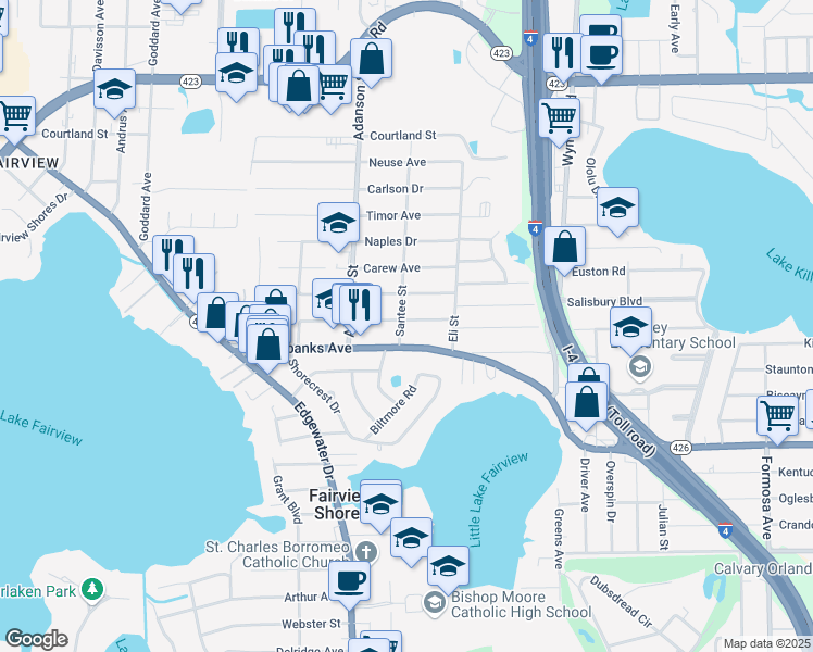 map of restaurants, bars, coffee shops, grocery stores, and more near 4417 Santee Street in Orlando