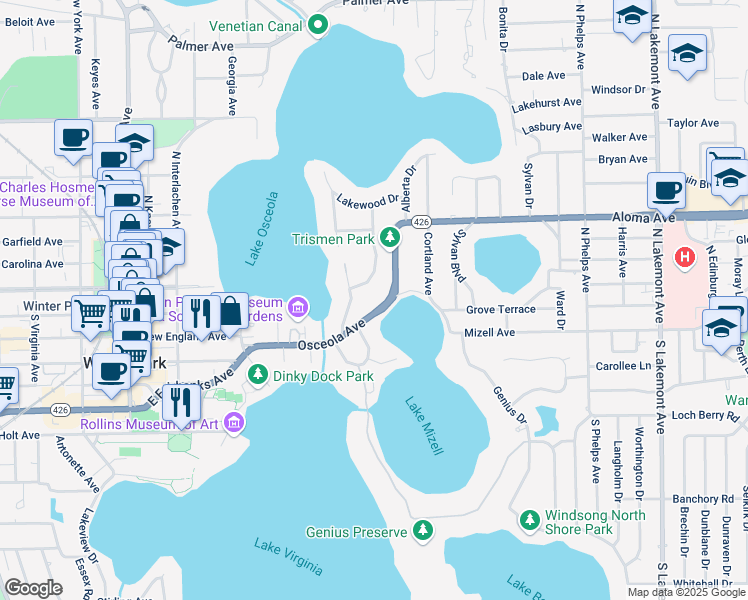 map of restaurants, bars, coffee shops, grocery stores, and more near 160 Trismen Terrace in Winter Park
