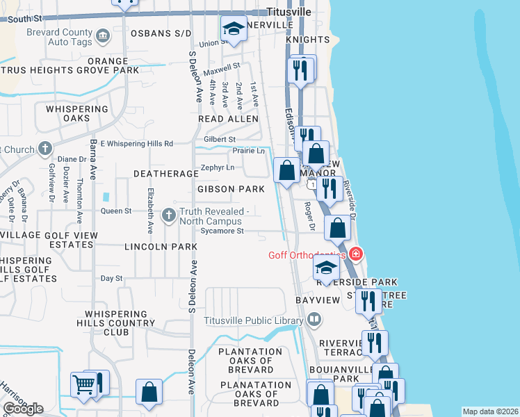 map of restaurants, bars, coffee shops, grocery stores, and more near 1505 Bon Air Plaza in Titusville