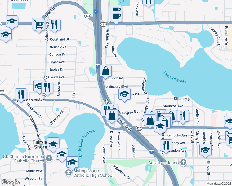 map of restaurants, bars, coffee shops, grocery stores, and more near 2551 Roxbury Road in Winter Park