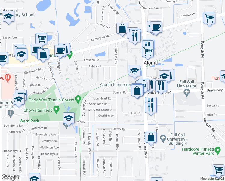 map of restaurants, bars, coffee shops, grocery stores, and more near 2843 Scarlet Road in Winter Park