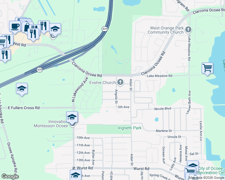 map of restaurants, bars, coffee shops, grocery stores, and more near 10621 3rd Avenue in Ocoee
