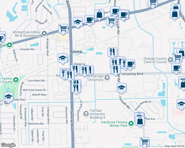 map of restaurants, bars, coffee shops, grocery stores, and more near in Aloma