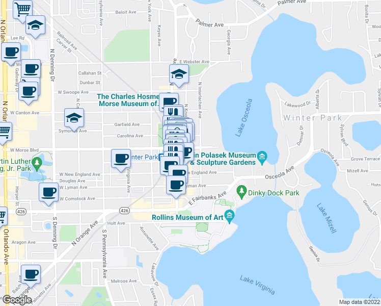 map of restaurants, bars, coffee shops, grocery stores, and more near 210 East Morse Boulevard in Winter Park