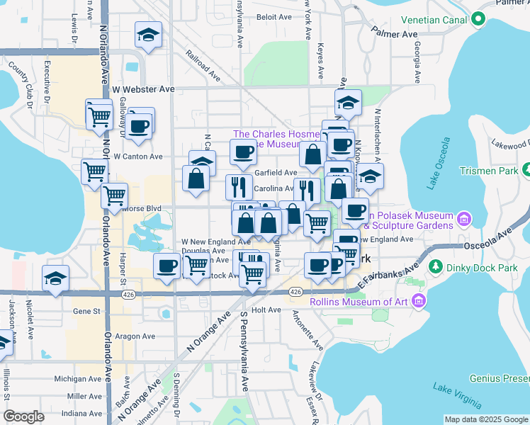 map of restaurants, bars, coffee shops, grocery stores, and more near 440 West Morse Boulevard in Winter Park