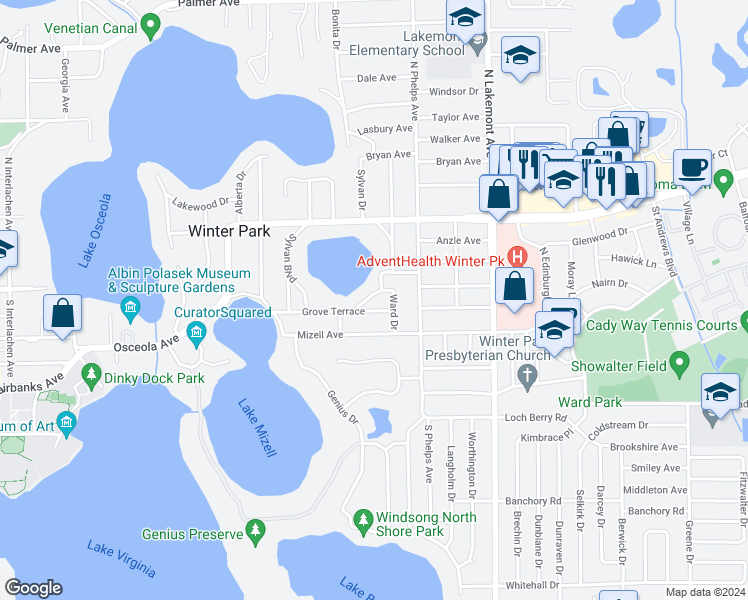 map of restaurants, bars, coffee shops, grocery stores, and more near 1554 Harris Circle in Winter Park