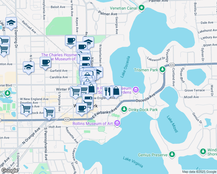 map of restaurants, bars, coffee shops, grocery stores, and more near 100 South Interlachen Avenue in Winter Park