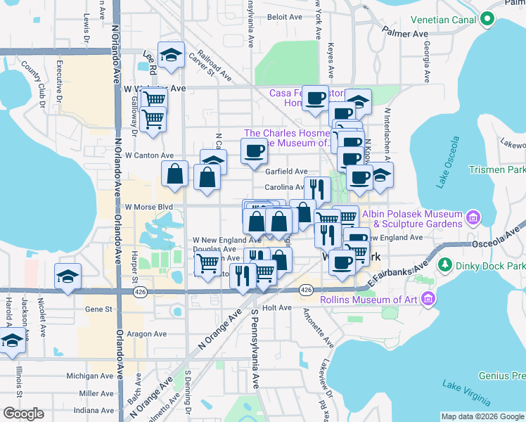 map of restaurants, bars, coffee shops, grocery stores, and more near 610 West Morse Boulevard in Winter Park