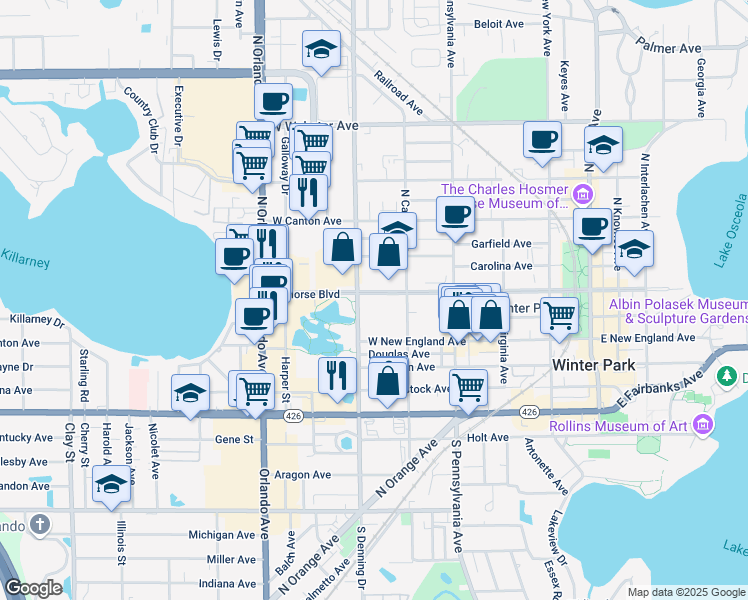 map of restaurants, bars, coffee shops, grocery stores, and more near 850 West Morse Boulevard in Winter Park