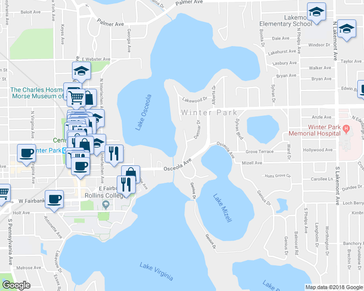 map of restaurants, bars, coffee shops, grocery stores, and more near 151 Trismen Terrace in Winter Park