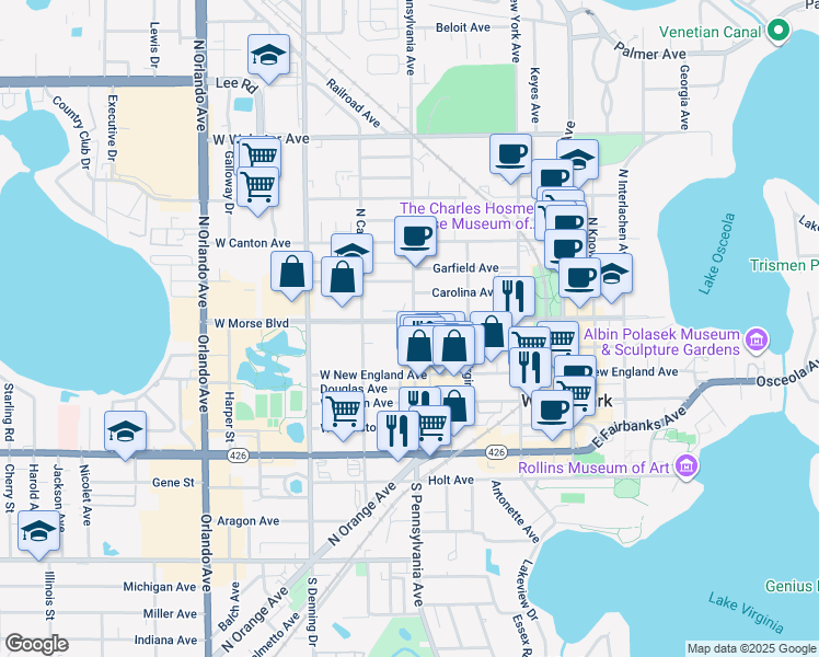 map of restaurants, bars, coffee shops, grocery stores, and more near 610 West Morse Boulevard in Winter Park