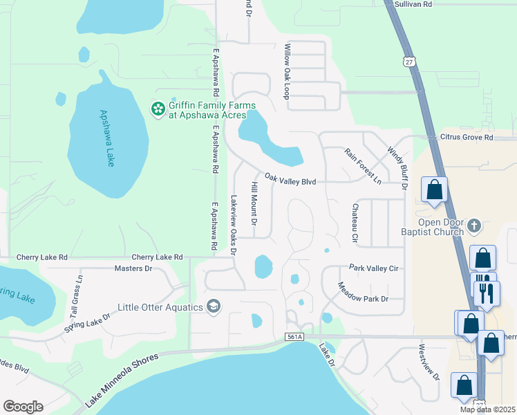 map of restaurants, bars, coffee shops, grocery stores, and more near 1113 Hill Mount Drive in Minneola