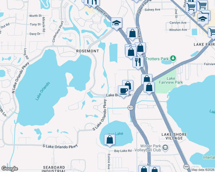 map of restaurants, bars, coffee shops, grocery stores, and more near 4444 Dunwoody Place in Orlando