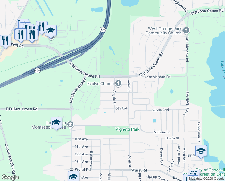 map of restaurants, bars, coffee shops, grocery stores, and more near 10621 3rd Avenue in Ocoee