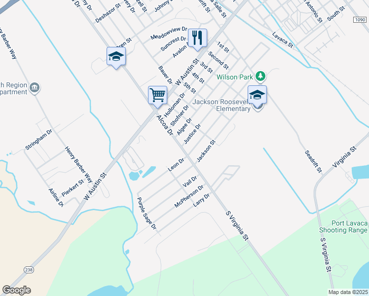 map of restaurants, bars, coffee shops, grocery stores, and more near 2016 Justice Drive in Port Lavaca