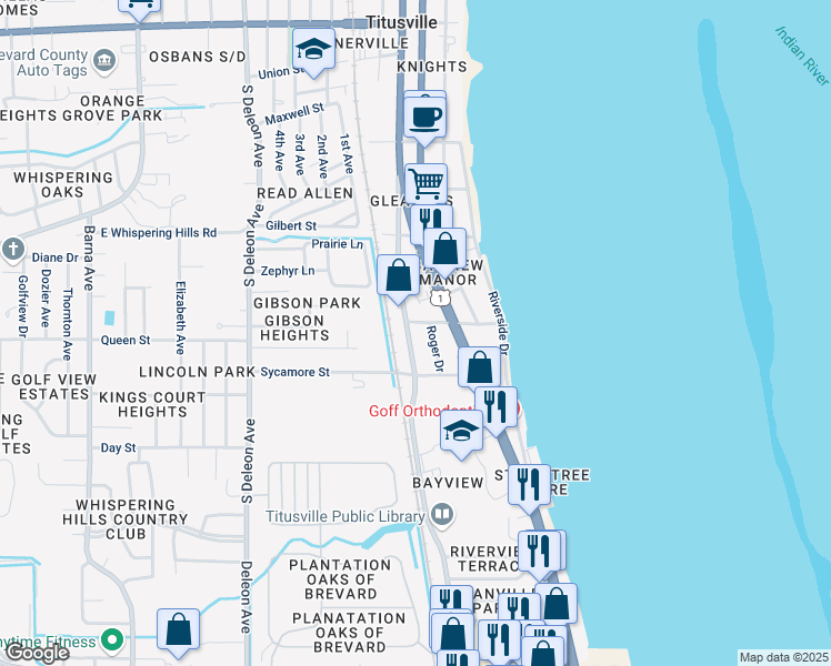 map of restaurants, bars, coffee shops, grocery stores, and more near 315 Bayview Street in Titusville