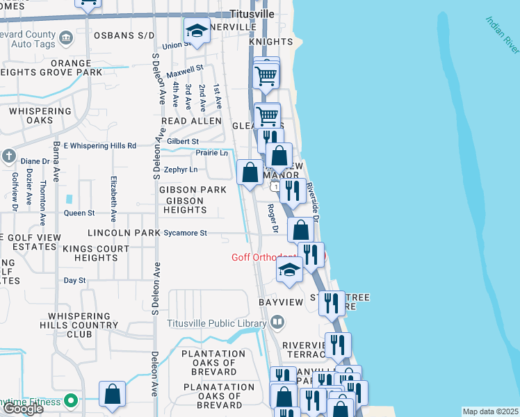 map of restaurants, bars, coffee shops, grocery stores, and more near 315 Bayview Street in Titusville