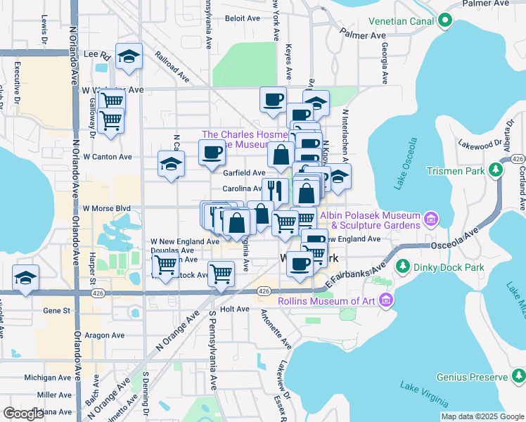 map of restaurants, bars, coffee shops, grocery stores, and more near 334 West Morse Boulevard in Winter Park