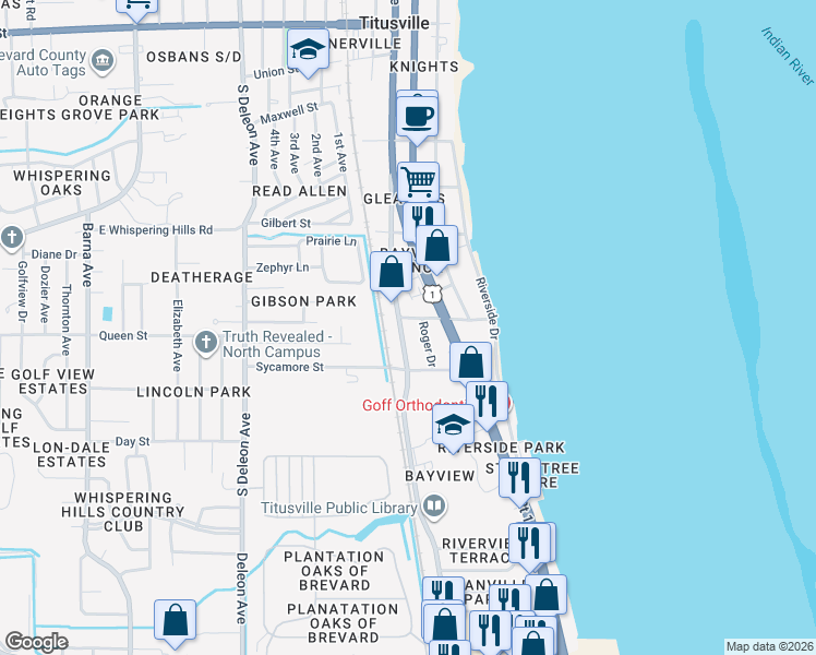map of restaurants, bars, coffee shops, grocery stores, and more near 315 Bayview Street in Titusville