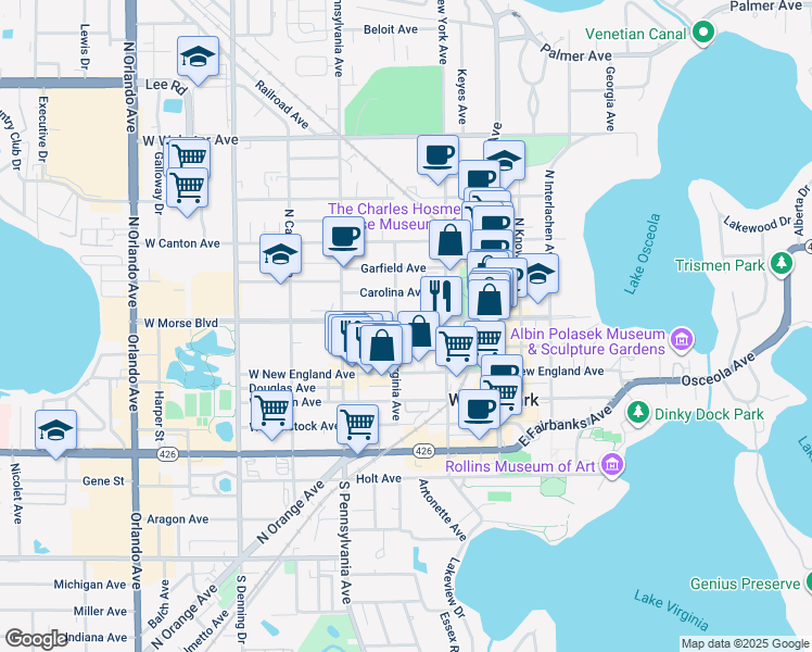 map of restaurants, bars, coffee shops, grocery stores, and more near 334 West Morse Boulevard in Winter Park