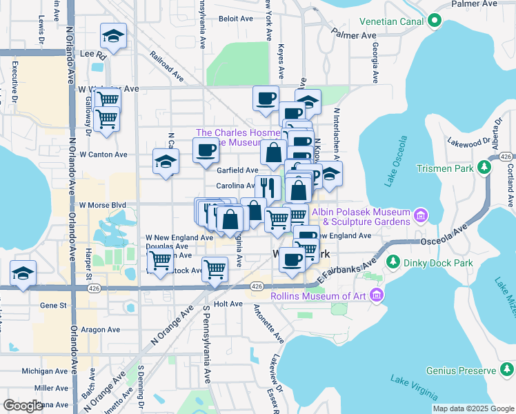 map of restaurants, bars, coffee shops, grocery stores, and more near 334 West Morse Boulevard in Winter Park