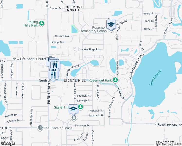 map of restaurants, bars, coffee shops, grocery stores, and more near 4721 Watch Hill Court in Orlando