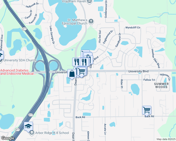 map of restaurants, bars, coffee shops, grocery stores, and more near 10149 University Boulevard in Orlando