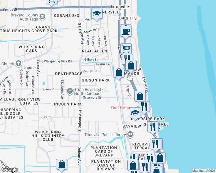 map of restaurants, bars, coffee shops, grocery stores, and more near 1505 Bon Air Plaza in Titusville