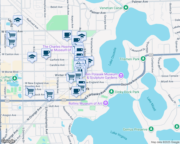 map of restaurants, bars, coffee shops, grocery stores, and more near 210 East Morse Boulevard in Winter Park