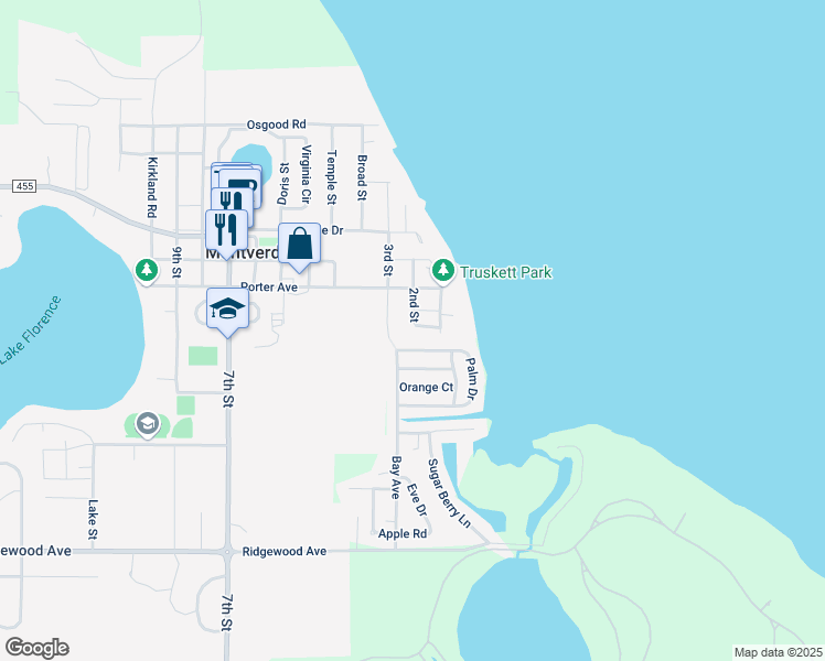 map of restaurants, bars, coffee shops, grocery stores, and more near 17319 2nd Street in Montverde