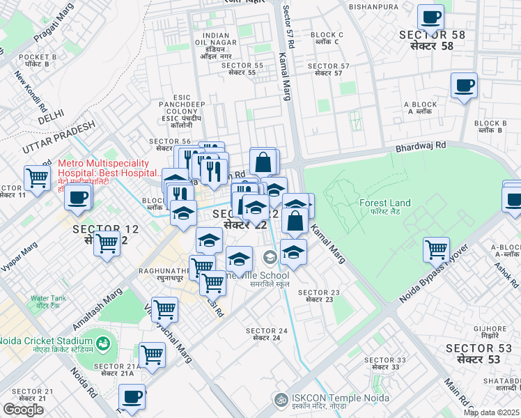 map of restaurants, bars, coffee shops, grocery stores, and more near Sector 22 Block G Road in Noida
