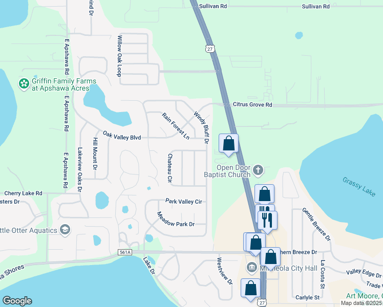 map of restaurants, bars, coffee shops, grocery stores, and more near 1128 Breezy Knoll Street in Minneola