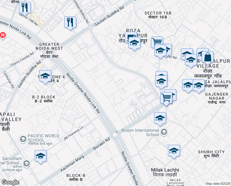 map of restaurants, bars, coffee shops, grocery stores, and more near Noida-Greater Noida Link Road in Greater Noida