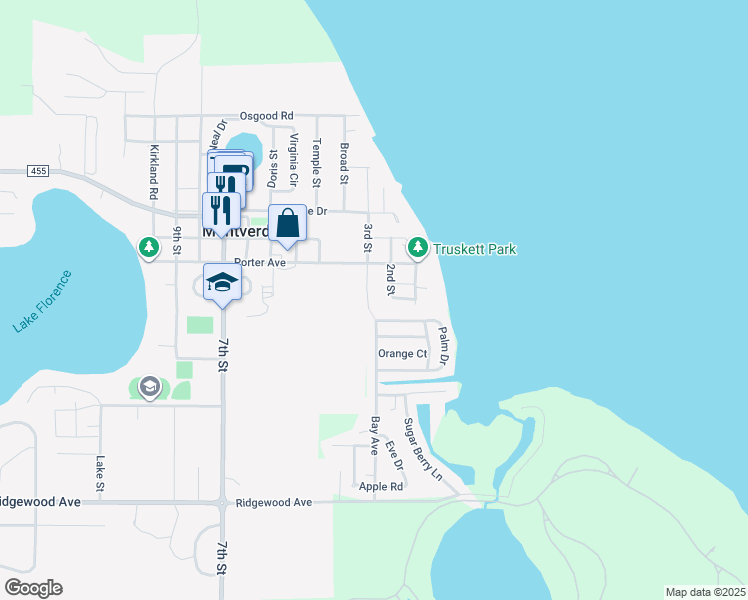 map of restaurants, bars, coffee shops, grocery stores, and more near 17319 2nd Street in Montverde