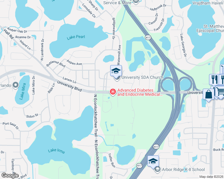 map of restaurants, bars, coffee shops, grocery stores, and more near 9208 Amity Court in Orlando